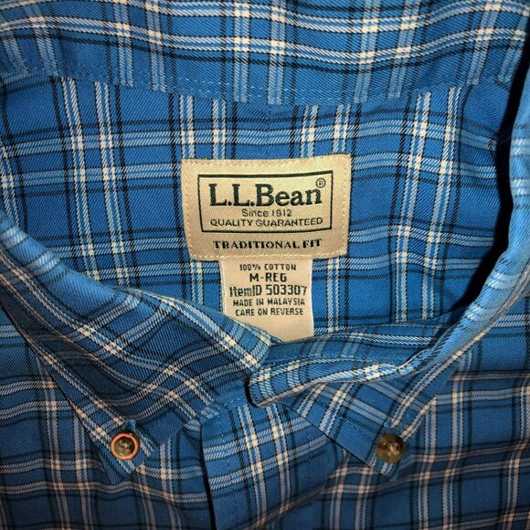 BLUE WHITE PLAID BUTTON SHIRT SZ M REGULAR L.L. BEAN TRADITIONAL FIT COTTON MENS - Picture 3 of 4